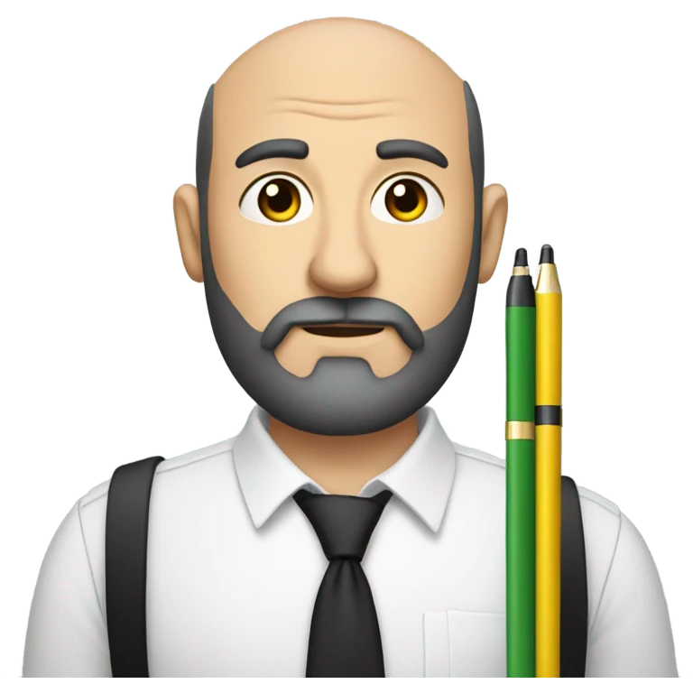 Balding man with black beard, cross on shirt, holding lots of pens  emoji