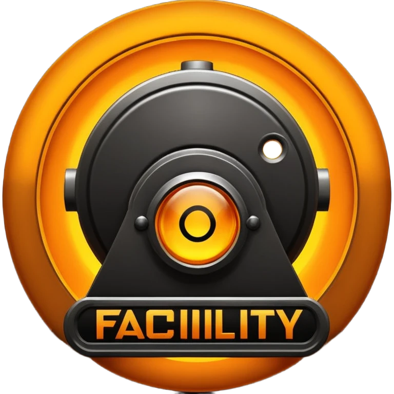 glowing amber industrial emblem above bold text reading “THE FACILITY”, dark background, clean typography, sci-fi bunker aesthetic, high contrast, emoji