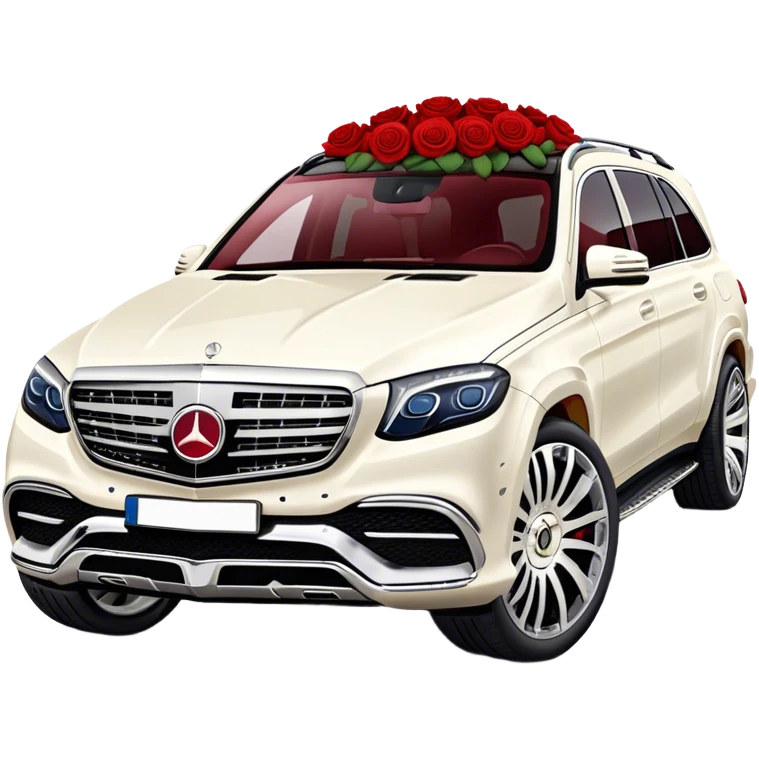 Side angle of White Mercedes Maybach GLS 600 with red roses on the front bumper emoji