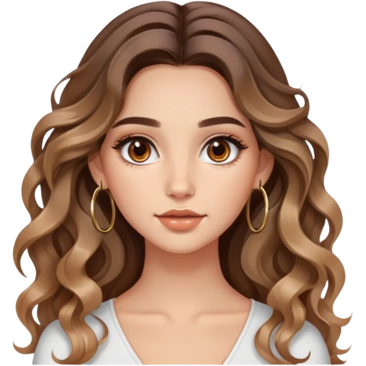 cute long haired wavy balayage haired girl, brown eyes, hoop earrings, clean natural girl makeup with gloss emoji