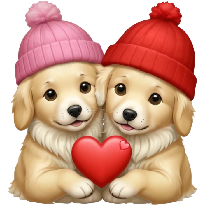2 English cream golden retrievers cuddling with winter hats and heart in between them. Make them pale dogs . Less cartoon and no hands holding heart just a heart in between . Make them more pale and realistic looking like glossy  emoji