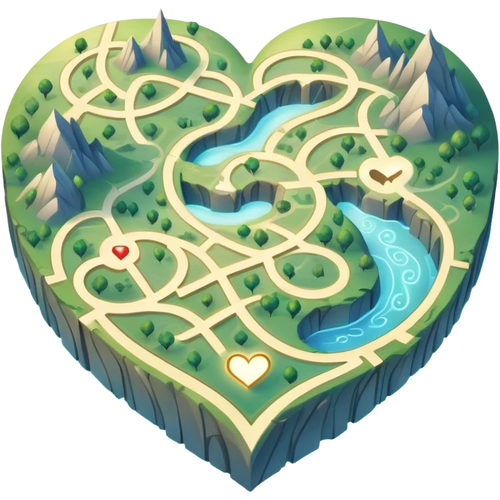 Magical cartography map with abstract heart-shaped pathways blending into the terrain lines, glowing ethereal map symbols emoji