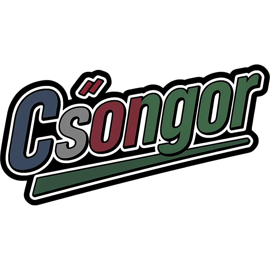 Text image of the name 'Csongor' in a masculine, modern font with gradient colors (blue, gray, burgundy, green, brown), precise Hungarian characters, dark contour, extra thick, prominent white letter border, dynamic slanted underline, 1000x1000 px, PNG, transparent background. emoji
