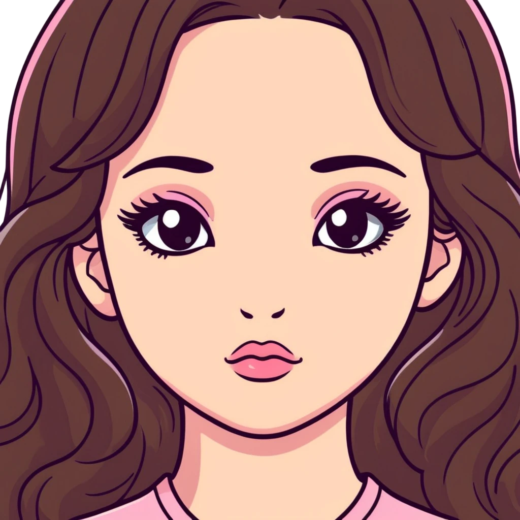 girl with light wheatish skin, dark brown long wavy hair, pouty shiny lips with berry lip gloss, large eyes with eyelashes, pink blush on cheeks, inner eye highlighted with white eyeliner, button nose emoji