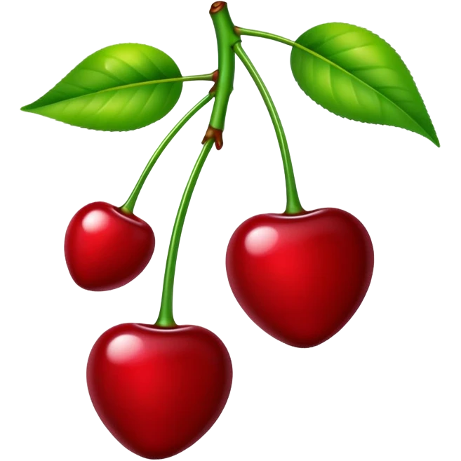 A pair of glossy red cherries with green stem and leaf emoji