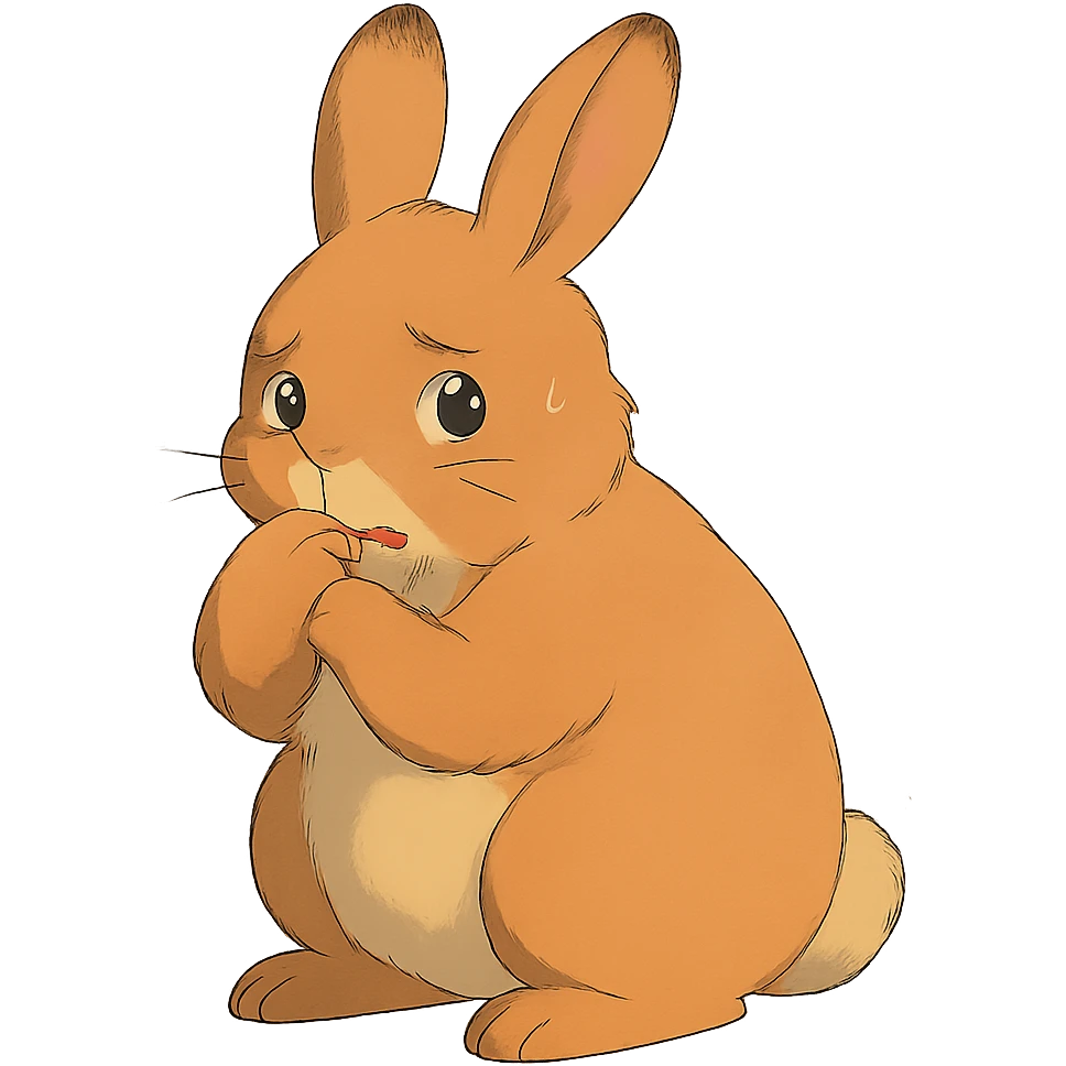 apricot bunny biting paw nervously, full body, soft Ghibli style, flawless appearance, no imperfections emoji