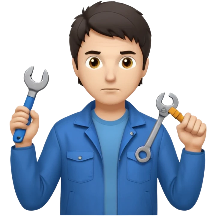 Calm and independent male technician, Caucasian features, short tousled dark hair, serious but composed expression, wearing a blue work jacket over a grey t-shirt, holding a wrench in one hand and a mechanical gear in the other, waist-up, front-facing emoji