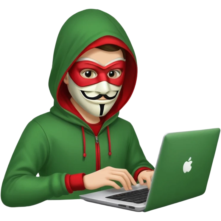 Хакер сидит в зелёно-красной одежде в анонимус маске, печатает в ноутбуке, прозрачный фон. emoji