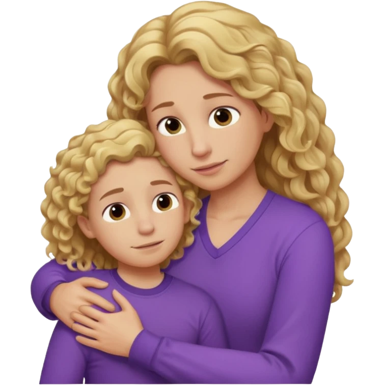 a mother with blond curly long wearing purple hugging his son with brown hair and like saying its okay emoji