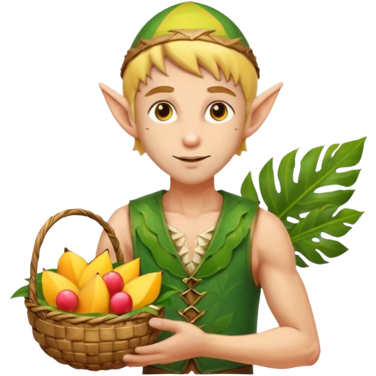 elf male Sleeveless vest with palm-leaf print, basket of exotic fruits (mango/lychee), sunburned nose. emoji