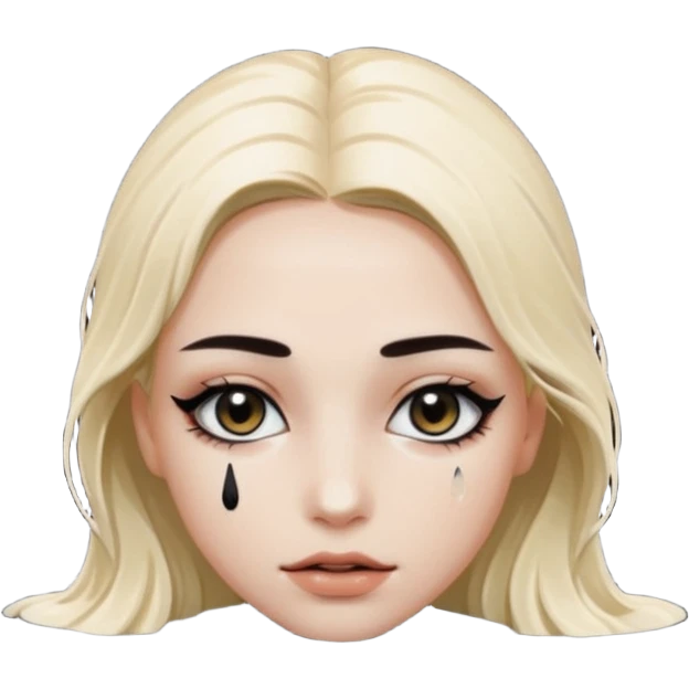 Woman submerged in black water, wet skin and eyes above surface, silent invitation emoji