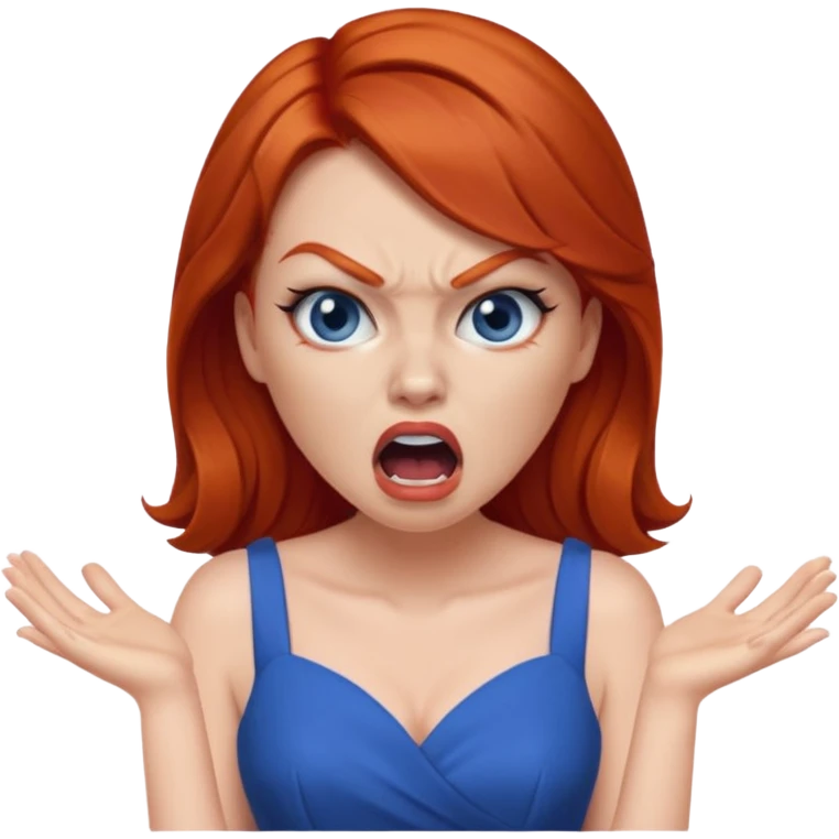 mujer pelirroja con los ojos y los labios maquillados enojada gritando con vestido azul emoji
