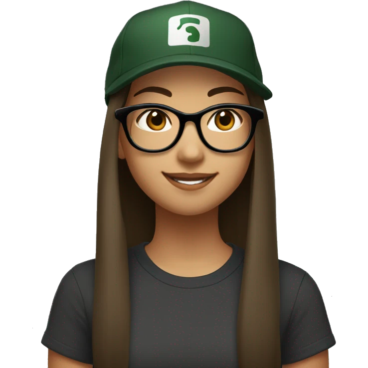 Look from side, asian girl, light skin, smiling with teeth, black eyes, spotted frame glasses, long brown straight hair with highlighted strands, black T-shirt, dark green cap. emoji