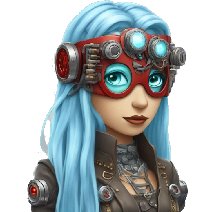Light blue long hair female cyborg head with red steampunk headband goggles and circuits emoji
