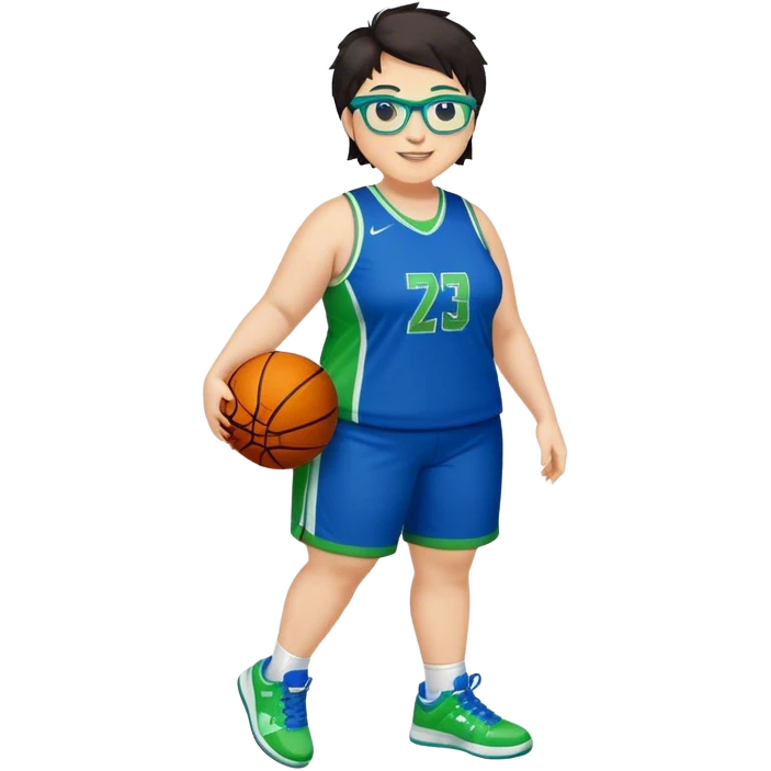 Full Body plus size white female basketball player with short dark hair with highlights spike hair wearing blue glasses  wearing blue green uniform  green sneakers smiling emoji