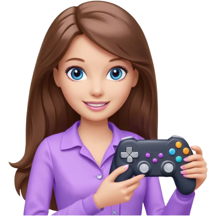beautiful barbie girl with long brown hair, blue eyes and wearing light purple clothes playing console games with controller emoji