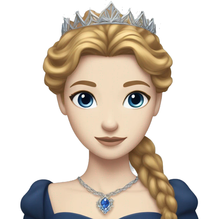 Feyre has pale skin, golden-brown hair and blue-grey eyes. She has a dark blue dress on with a silver crown emoji
