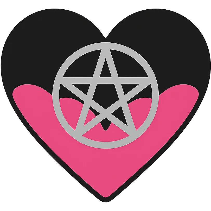 gothic heart with a silver pentagram, color icon filled style, pink and black emoji