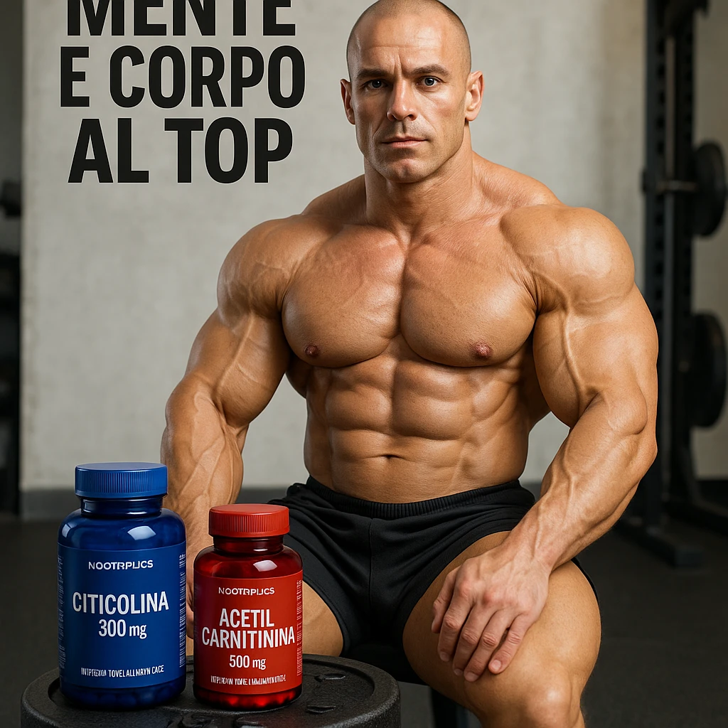 hyper realistic bodybuilder with citicoline and acetylcarnitine bottles near weights, sculpted muscles, blue and red bottles, text 'Mente e corpo al top', gym environment, light background emoji