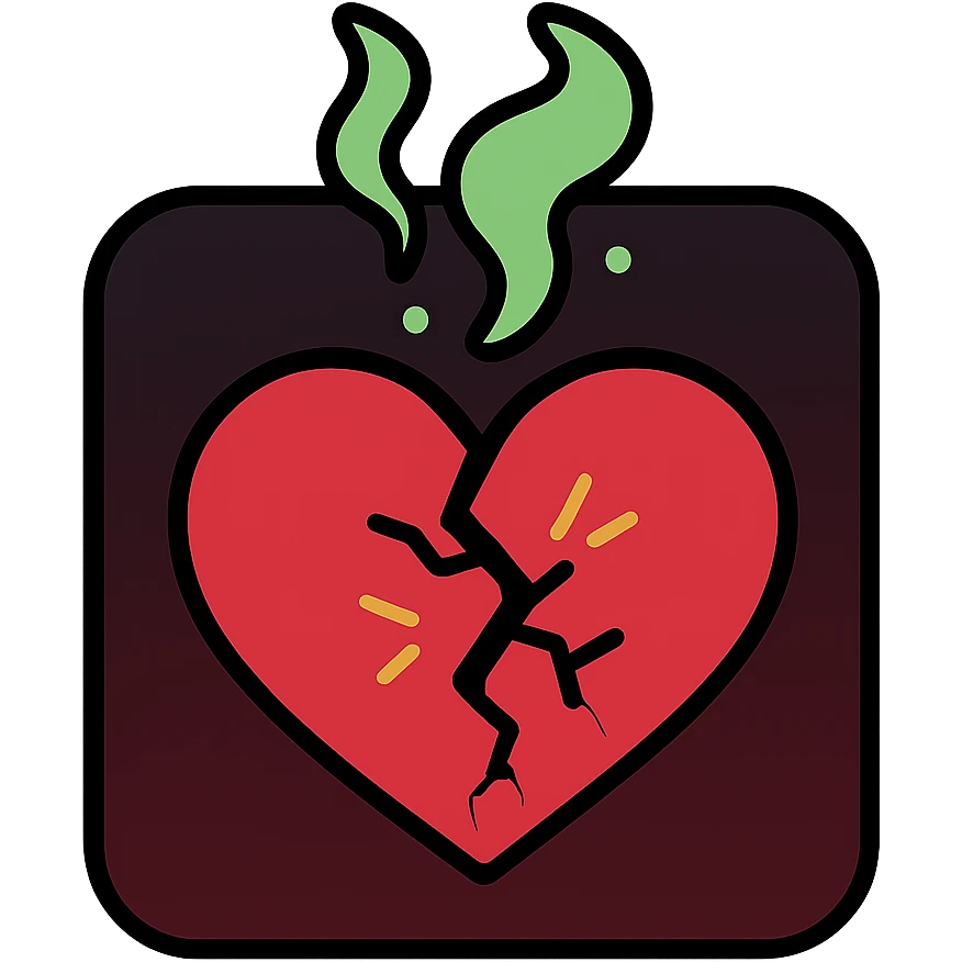 thumbnail with broken heart emitting faint toxic green mist, dark background with deep red and black gradients, faint cracks and spark effects emoji