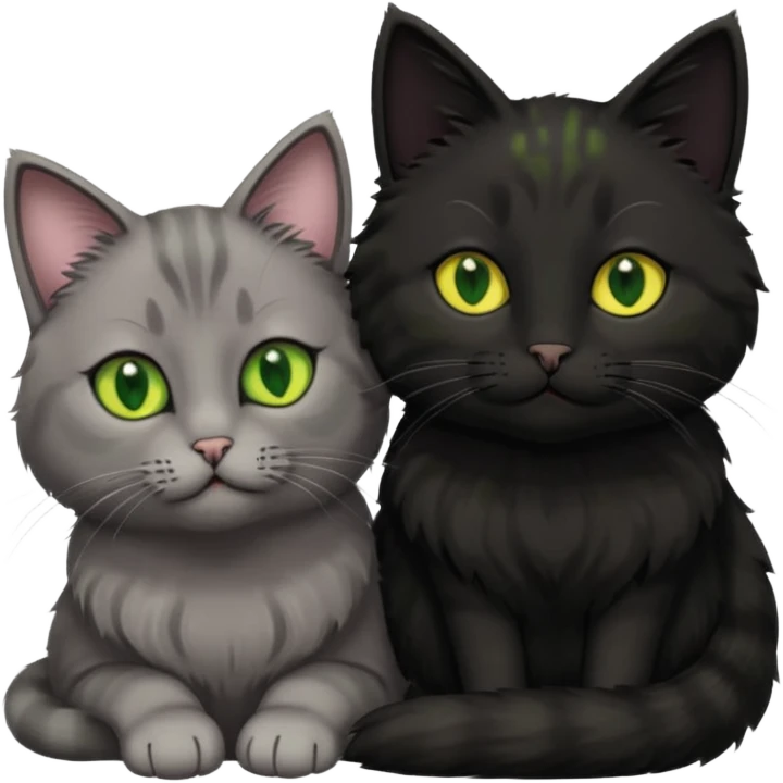 1 grey cat with green eyes and 1 black with yellow/green eyes cat cuddling emoji