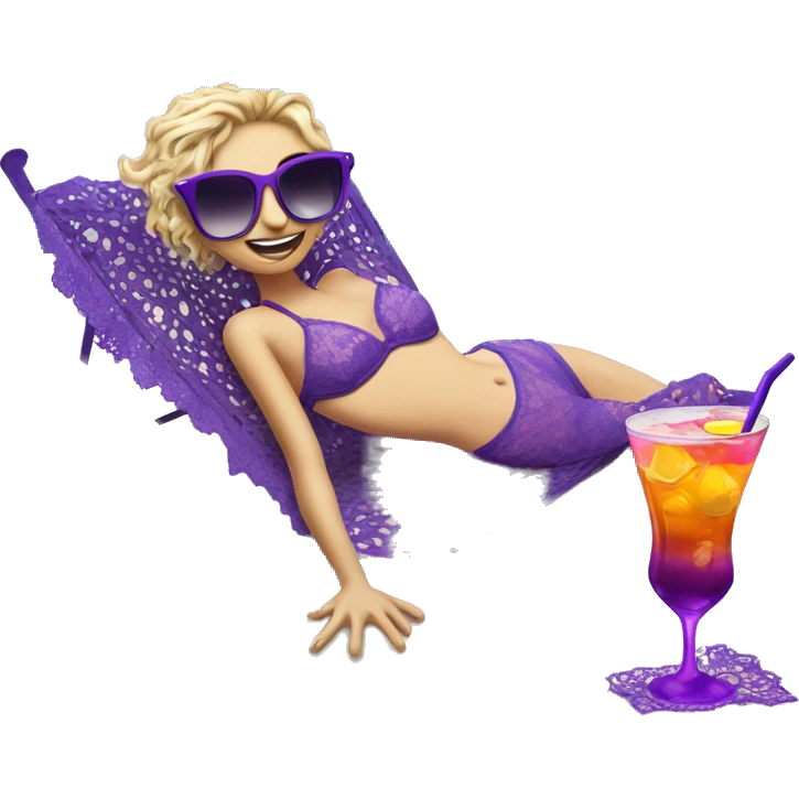A sea lying on its side with a cocktail and sunglasses with a purple lace bra ok emoji