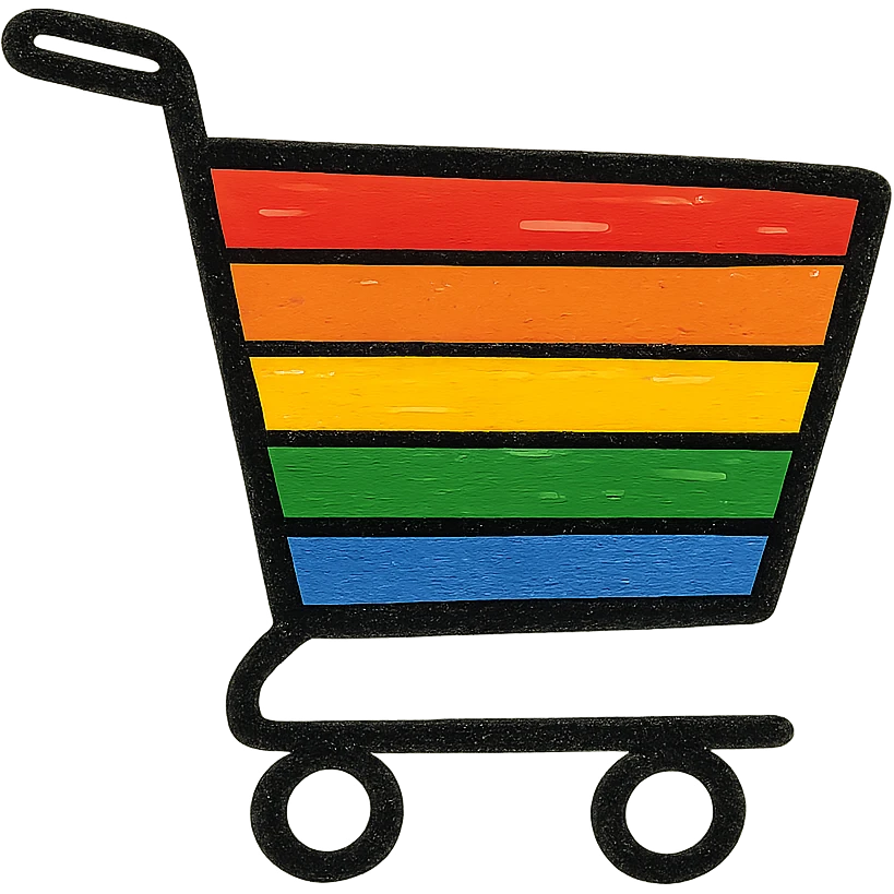 shopping cart in pride colors, minimalist black outline icon, no fill emoji
