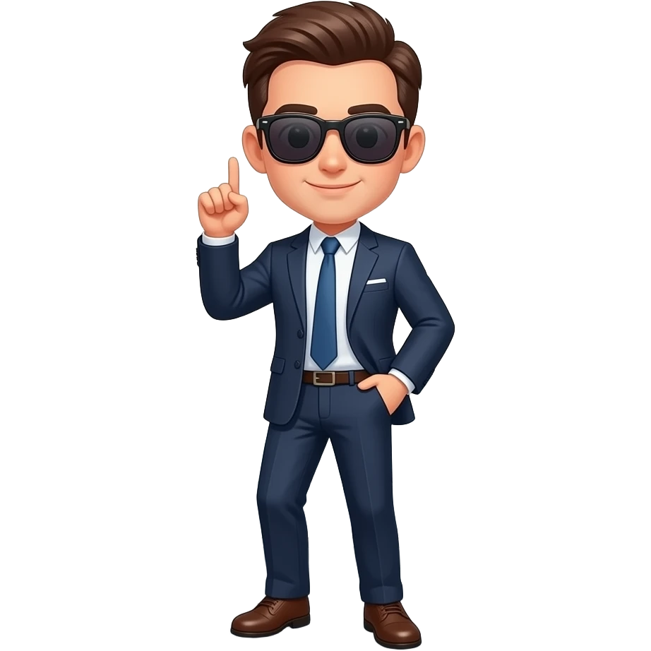 High Bar: 3D emoji style, glossy surface, soft shadows, white background, centered, no text, cute male character in a suit on a rooftop, sunglasses, cool confident pose, city skyline behind him emoji