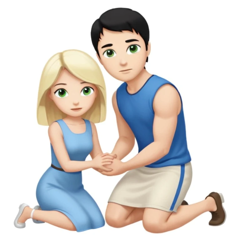Man as prince, upright, black Hair, blue eyes, woman, blonde, green eyes, shott white sleveless Dress, kneeling, background palace emoji