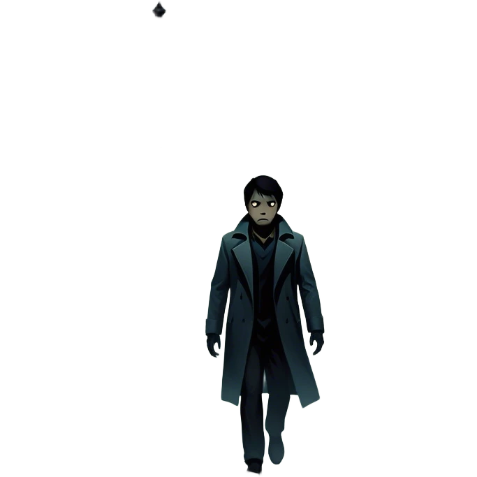 Icon for Thriller Movie: A dramatic movie poster-style design with dark, moody lighting. Include a shadowy figure, eerie silhouettes, and tense elements like a flickering street lamp, a lone figure walking through fog, and a tense cityscape. Intense, suspenseful atmosphere. Transparent background. emoji