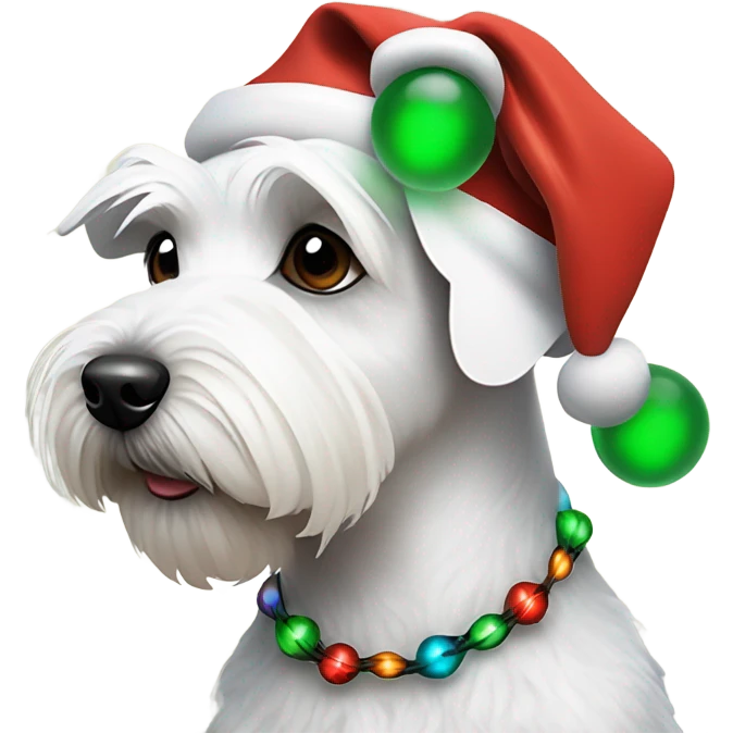 White miniature schnauzer with Santa hat and tangled up in Christmas lights emoji