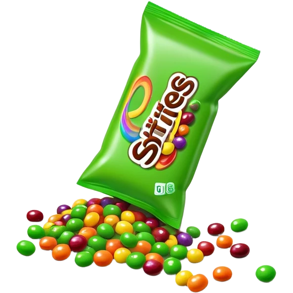 Skittles candy package with green candies spilling out, minimalist emoji