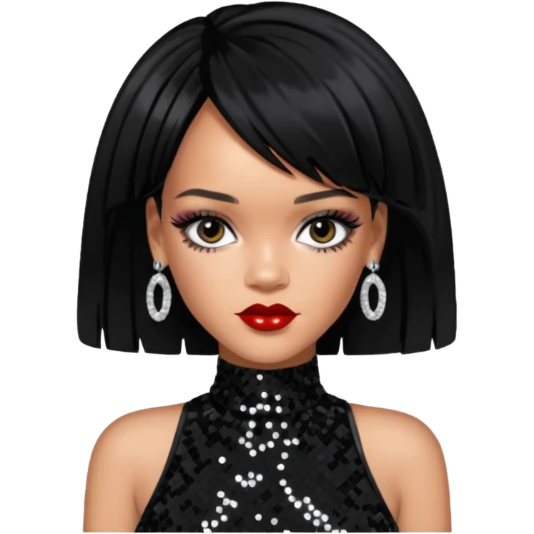 Rihanna with jet black hair, black sequin outfit emoji