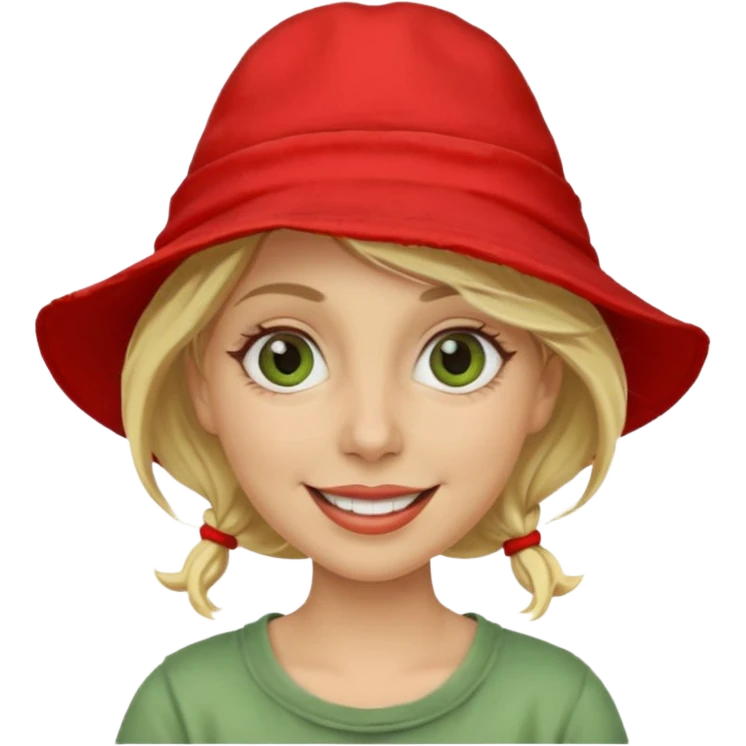 messy green clay mask and red tourist hat blond braided woman big eyes smiling and clay mask on face emoji