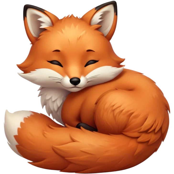 Cinematic cute sleepy fox, curled into a cozy fluffy ball, warm glowing fur, tiny black nose resting on its tail, soft breathing visible, peaceful and charming. emoji