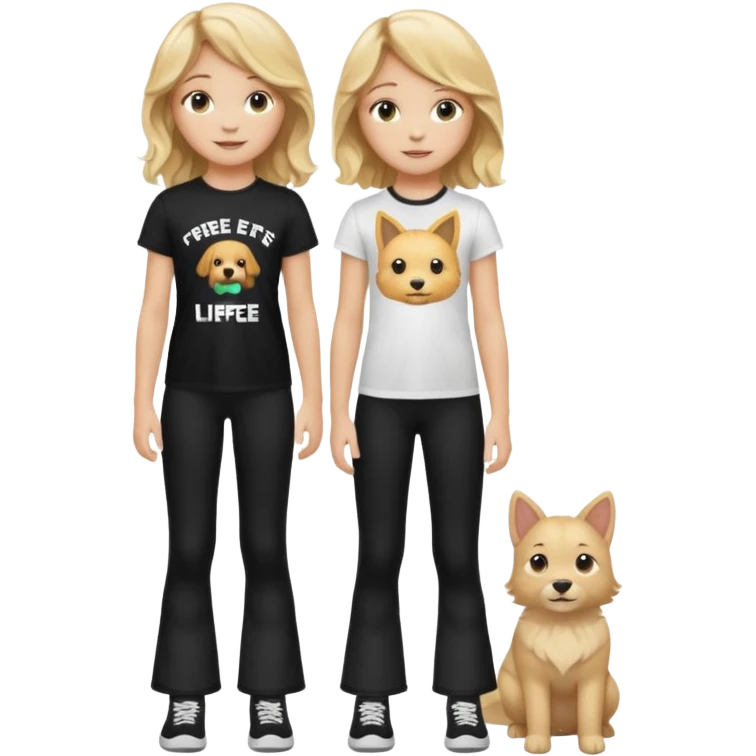 10 year old girl wearing flares black leggings and and a t-shirt that says " Free pets for lifee 💓" and her hair is blonde Wavy emoji