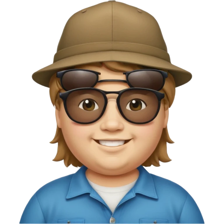 a very fat 16 year old boy who has light brown hair and a mullet and wearing a hat with upside down sunglasses on top of the hat emoji
