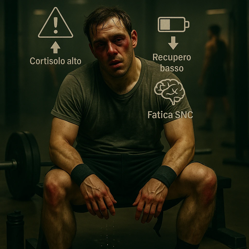 Add floating symbols above the head with Italian text: 'Cortisolo alto', 'Recupero basso', 'Fatica SNC'. The style should be raw cinematic with muted colors and dramatic lighting. The symbols must be clear and legible. emoji