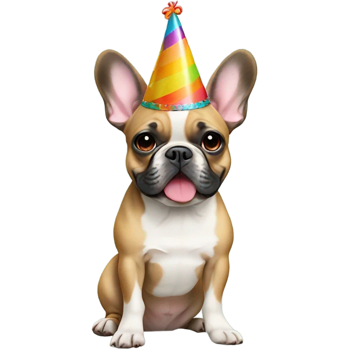 a french bulldog wearing a birthday hat emoji