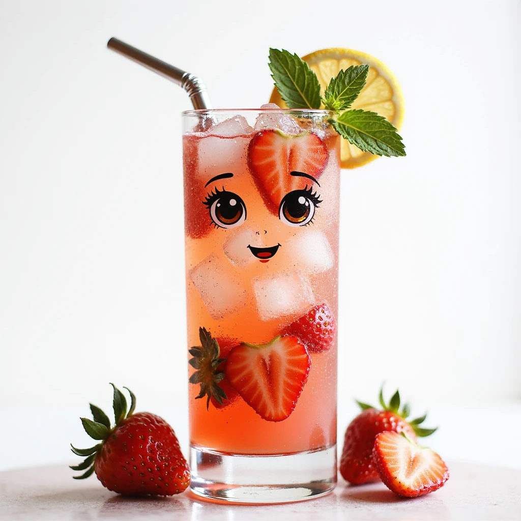 realistic elegant strawberry spritz lemonade character tall glass sparkling pink lemonade, strawberry slices, ice cubes, lemon and mint garnish, glass straw, subtle face in condensation with lifelike eyes and warm smile, summery sophisticated emoji