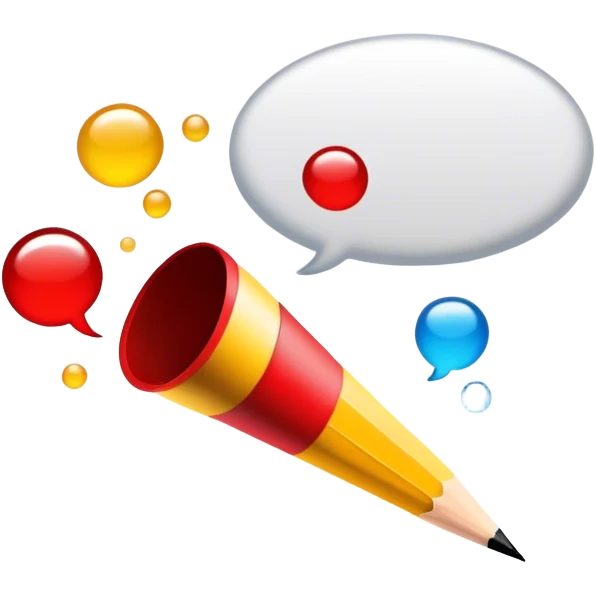 Create a vibrant and focused emoji representing writing text for comic books. The design should feature an open comic book with visible speech bubbles and text lines. A pencil or quill (without a hand) should be shown writing or sketching text into the bubbles. The background should show subtle comic panels with empty spaces awaiting dialogue, emphasizing the writing process. Use a mix of bright and bold colors like black, red, and yellow to convey creativity and energy. The overall design should evoke the art of storytelling through text in comic books. Make the background transparent. emoji