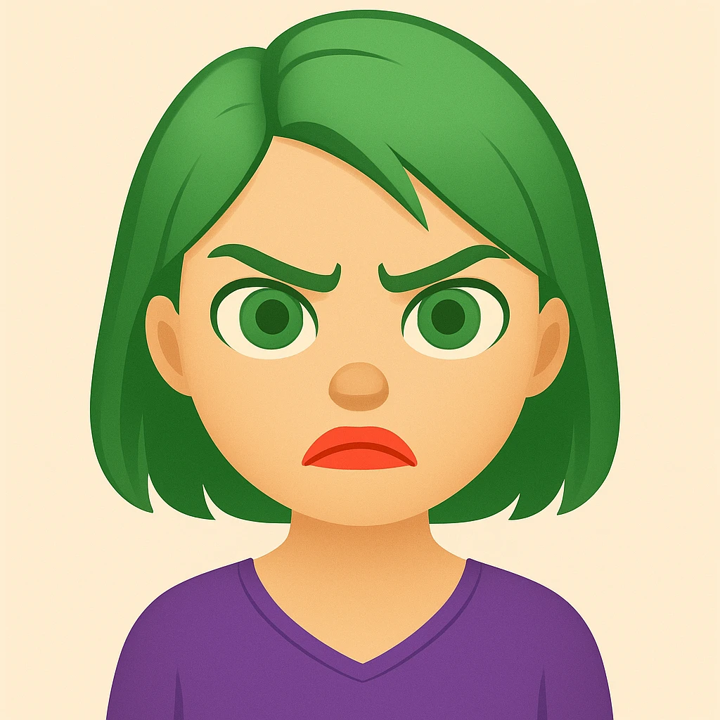 Edit the image of a girl with green hair and angry expression to have green eyes and coral lipstick in an emoji style. emoji
