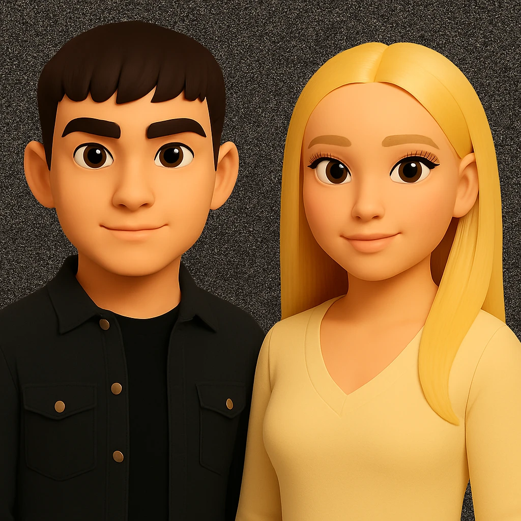 Make the people in the image stand slightly farther apart from each other while preserving the original style and background. emoji