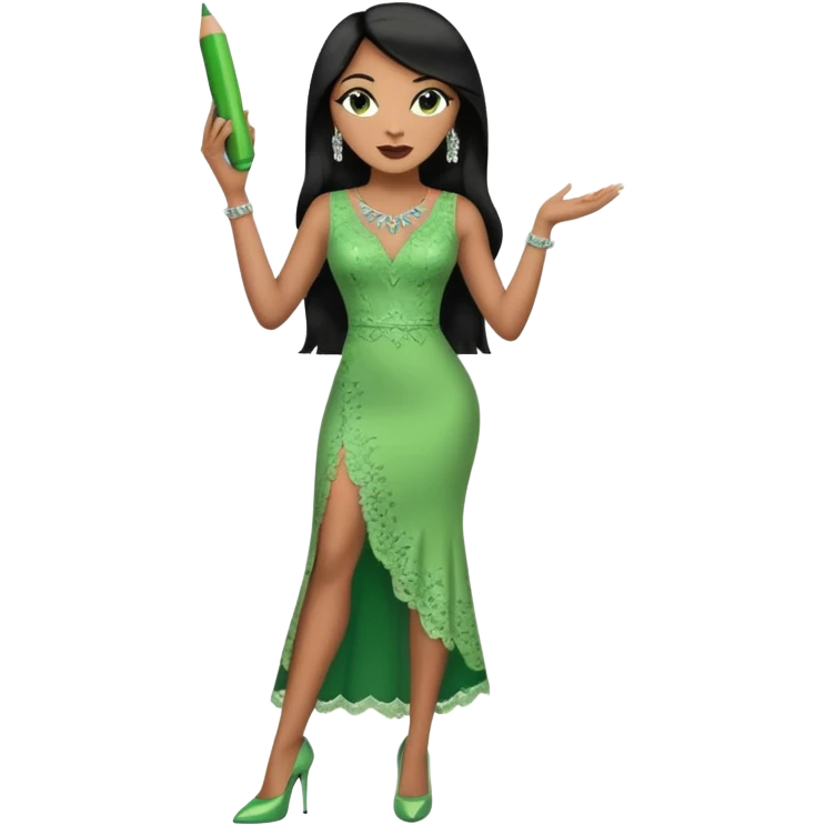 A plus-size light-skinned Black woman is wearing makeup. She has long, straight, waist-length black hair and is wearing a green sleeveless dress with rhinestones and lace and a low neckline. She is standing in green high heels and is holding a crayon in one hand, with the other hand raised. emoji