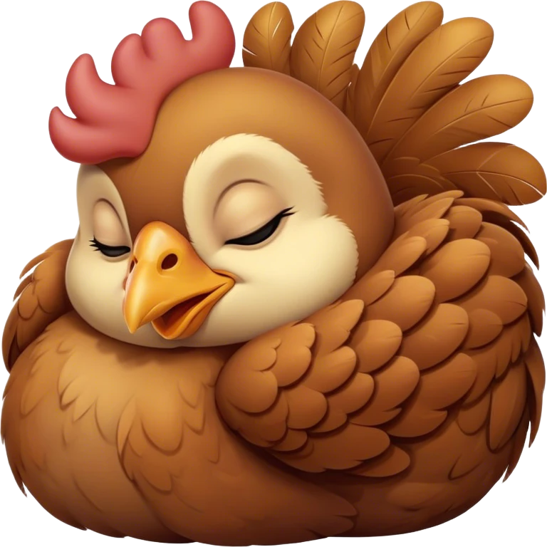 Meme-Worthy Cute Sleeping Brown Chicken Portrait Emoji, Head resting peacefully with a contented smile, showcasing a delightfully compact build and a luxuriously soft brown plumage, eyes shut in a serene, restful nap, Simplified yet hilariously adorable features, highly detailed, glowing with a soft, drowsy light, high shine, relaxed and utterly lovable, stylized with an air of playful laziness, bright and heartwarming, soft glowing outline, capturing the essence of a comically sleepy chicken, so meme-worthy it feels like it could instantly become the next viral sensation of adorable slumber! emoji