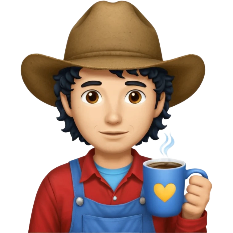 Ranch hand with blue hat and coffee mug, curly black hair, red shirt emoji