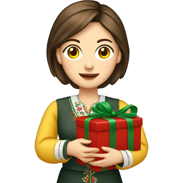 A female teacher in Ukrainian embroidery holds a gift in her hand emoji