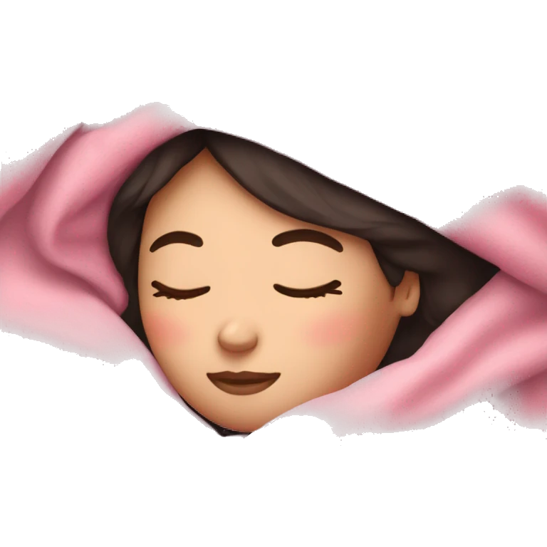 white girl with dark hair sleeping in pink blanket emoji