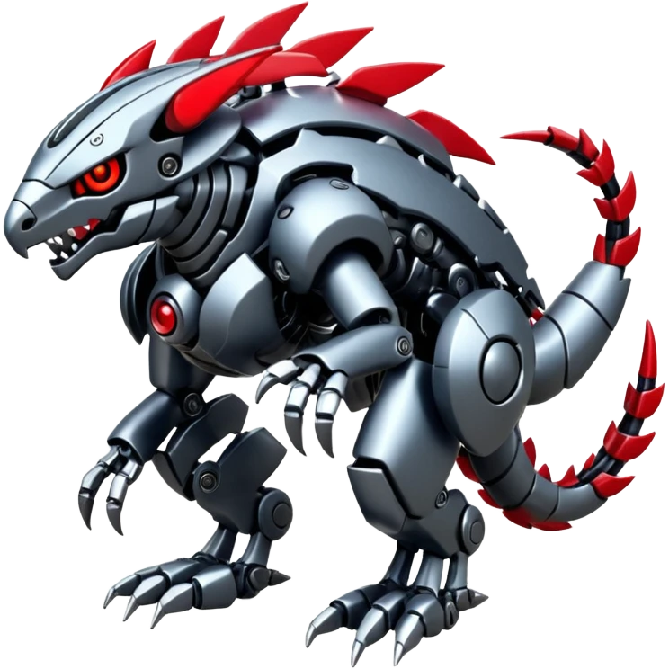 Futuristic mechanical cyborg modern badass cool shiny metallic alloy silver-grey obsidian-black crimson-red white animal Digimon Fakémon hybrid full body with intricate patterns emoji