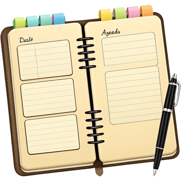 daily planner agenda cream leather with open page and pen with stickynotes emoji